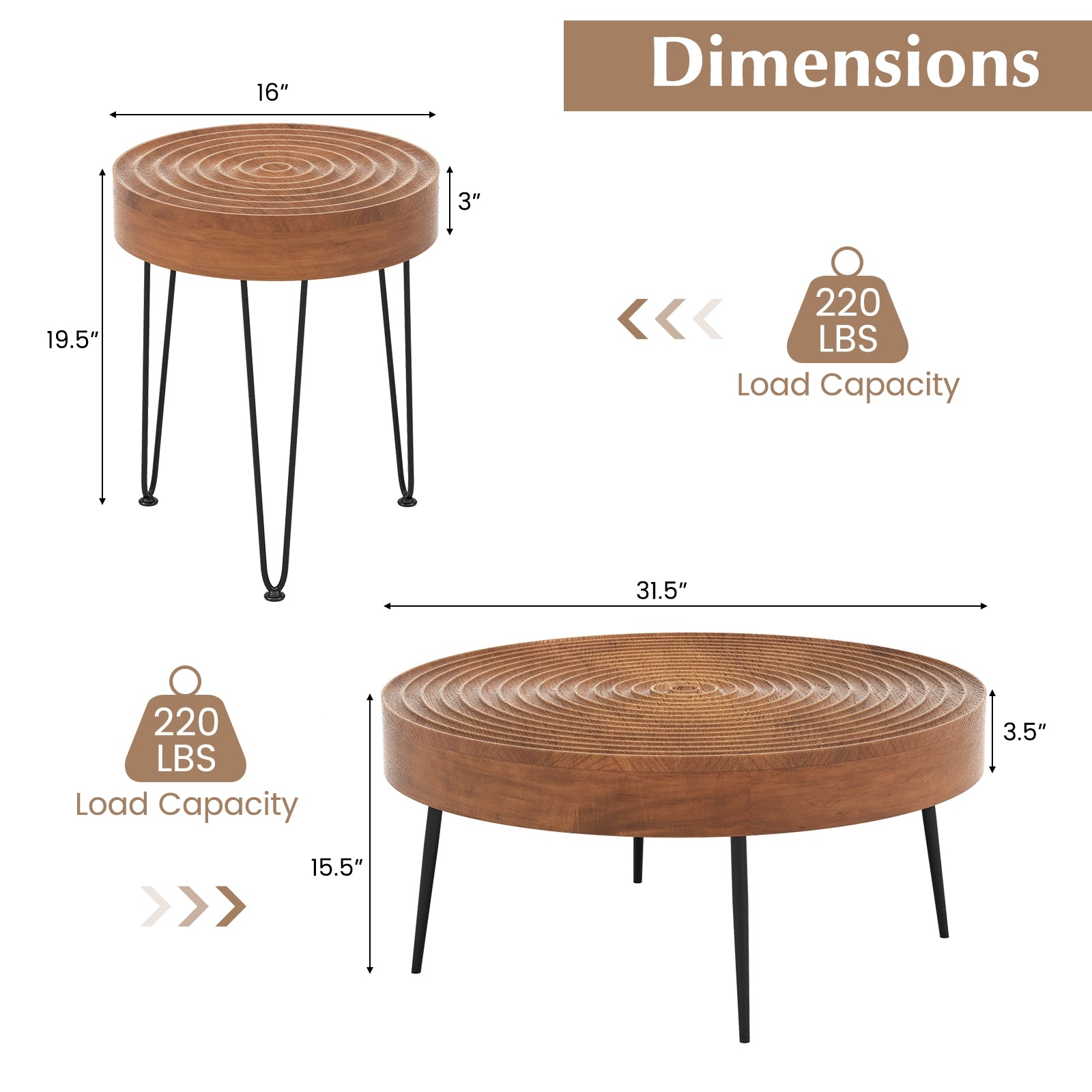 Set of 2 Solid Wood Ring Pattern Farmhouse Round Coffee Tables, Brown Coffee Tables at Gallery Canada