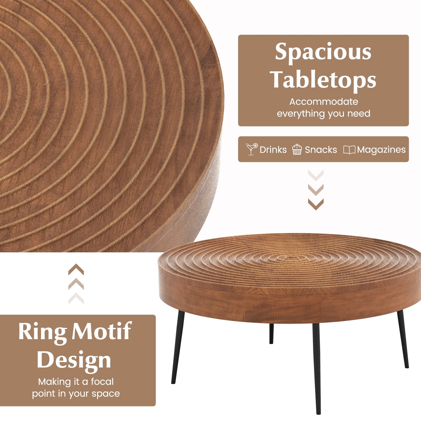 Set of 2 Solid Wood Ring Pattern Farmhouse Round Coffee Tables, Brown Coffee Tables at Gallery Canada