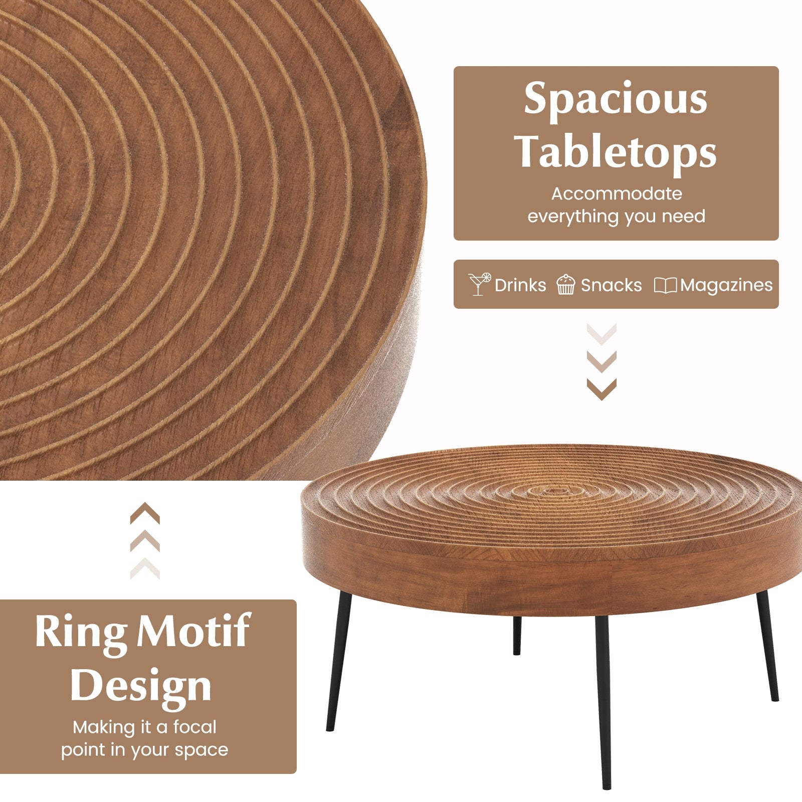 Set of 2 Solid Wood Ring Pattern Farmhouse Round Coffee Tables, Brown Coffee Tables at Gallery Canada