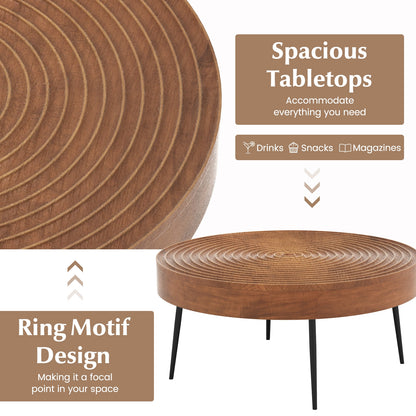 Set of 2 Solid Wood Ring Pattern Farmhouse Round Coffee Tables, Brown Coffee Tables at Gallery Canada