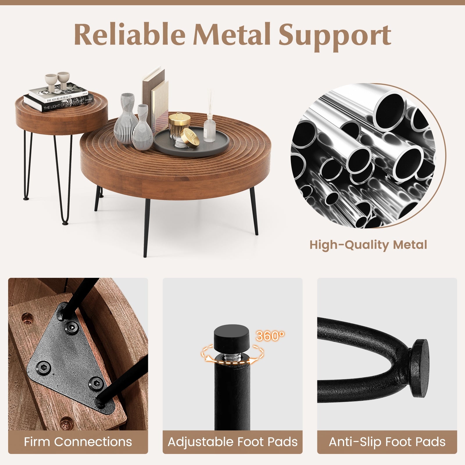 Set of 2 Solid Wood Ring Pattern Farmhouse Round Coffee Tables, Brown Coffee Tables at Gallery Canada