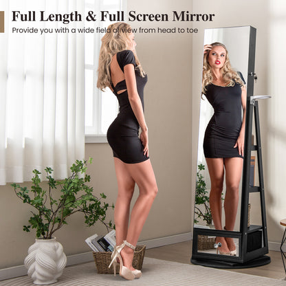 Armoire à bijoux pivotante à 360° verrouillable, miroir pleine longueur avec éclairage LED, noir