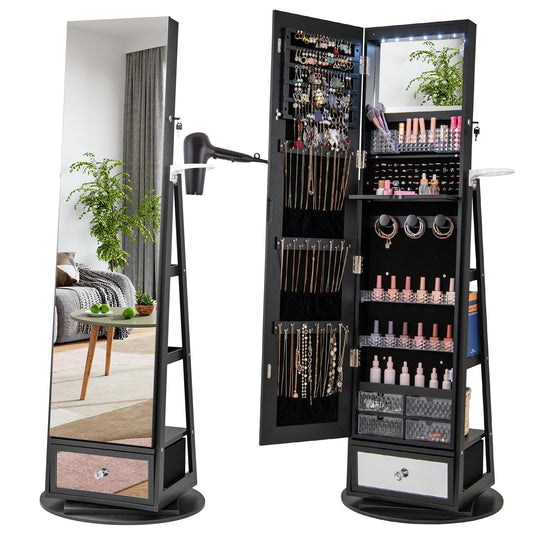 Lockable 360° Swivel Jewelry Cabinet, Full-Length Mirror LED Lights, Black Jewelry Armoires Black at Gallery Canada