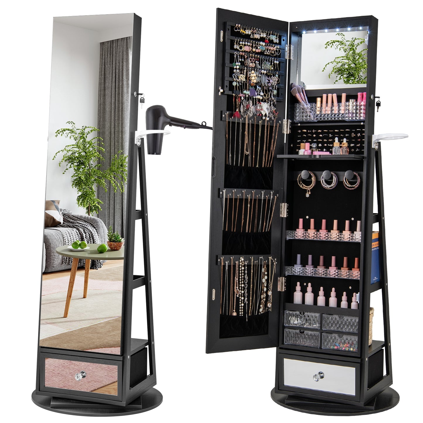 Armoire à bijoux pivotante à 360° verrouillable, miroir pleine longueur avec éclairage LED, noir