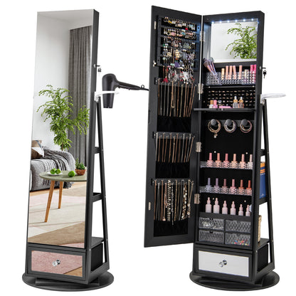 Armoire à bijoux pivotante à 360° verrouillable, miroir pleine longueur avec éclairage LED, noir