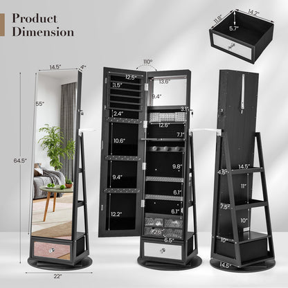 Armoire à bijoux pivotante à 360° verrouillable, miroir pleine longueur avec éclairage LED, noir