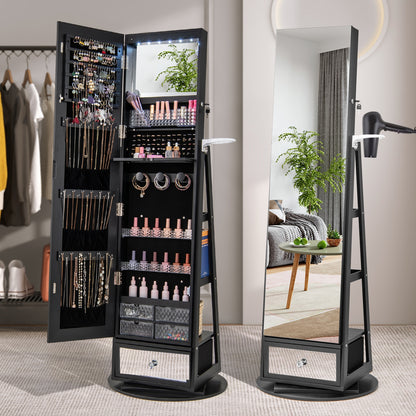 Armoire à bijoux pivotante à 360° verrouillable, miroir pleine longueur avec éclairage LED, noir