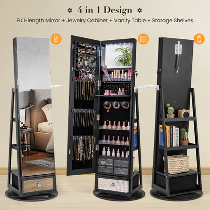 Armoire à bijoux pivotante à 360° verrouillable, miroir pleine longueur avec éclairage LED, noir