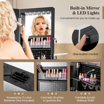 Armoire à bijoux pivotante à 360° verrouillable, miroir pleine longueur avec éclairage LED, noir