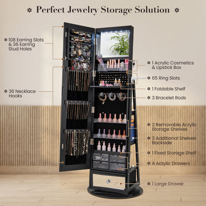 Armoire à bijoux pivotante à 360° verrouillable, miroir pleine longueur avec éclairage LED, noir