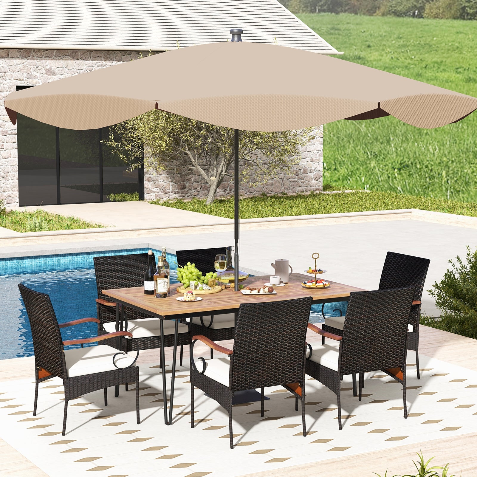 7 Pieces Patio Dining Set with Rattan Armchairs Soft Cushions 2" Umbrella Hole Patio Conversation Sets at Gallery Canada