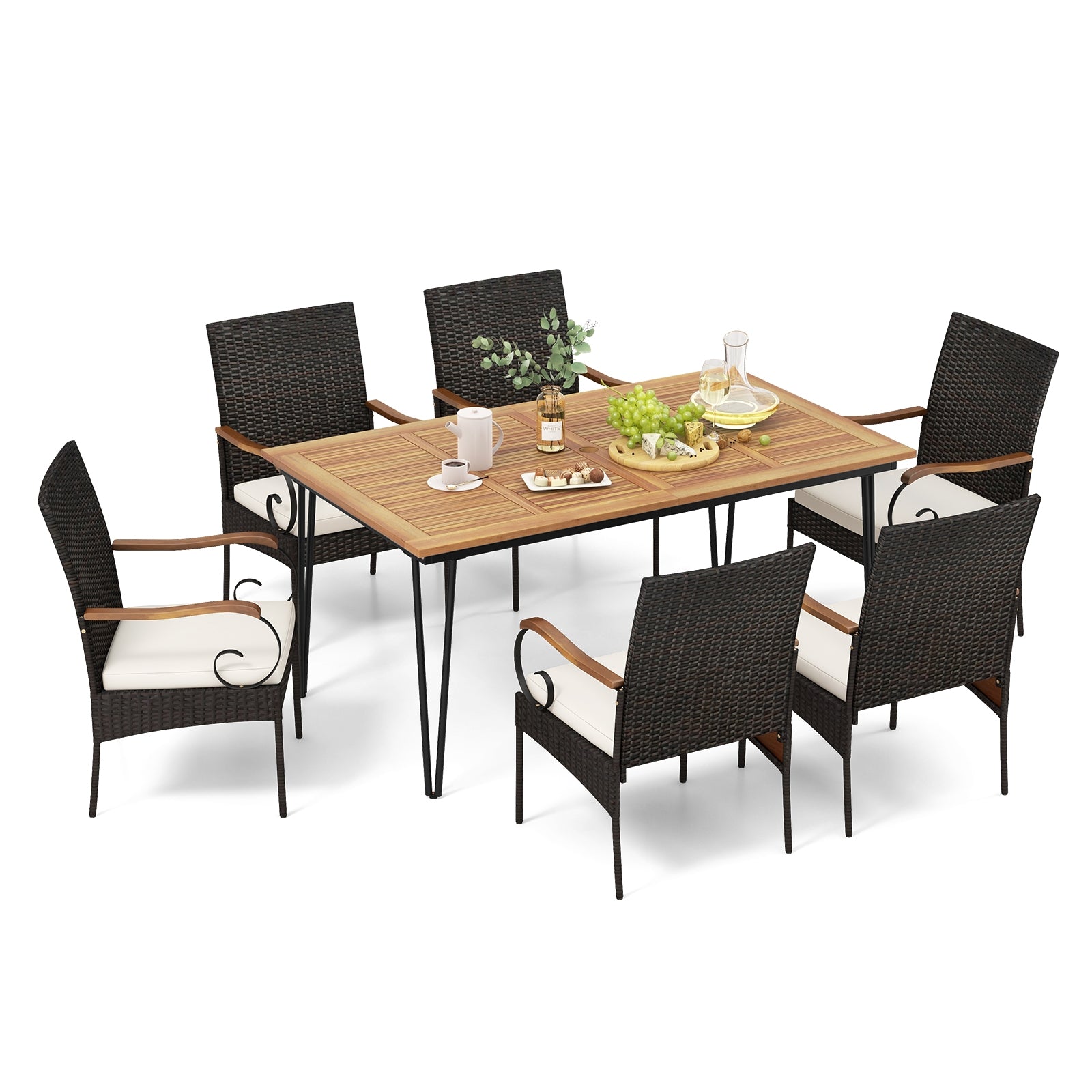 7 Pieces Patio Dining Set with Rattan Armchairs Soft Cushions 2" Umbrella Hole Patio Conversation Sets Natural, Black, Mix Brown, Off White at Gallery Canada