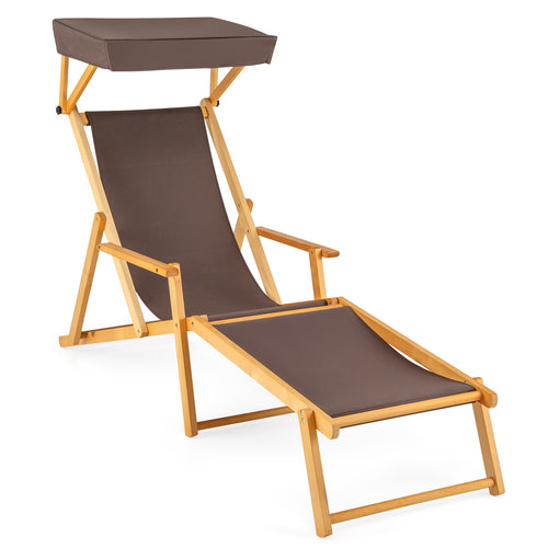 Birch Wood Chaise Lounge Chair, Foldable, Adjustable Canopy, Brown