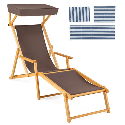 Birch Wood Chaise Lounge Chair Foldable Beach Chair with Adjustable Canopy, Brown Outdoor Chaise Lounges at Gallery Canada