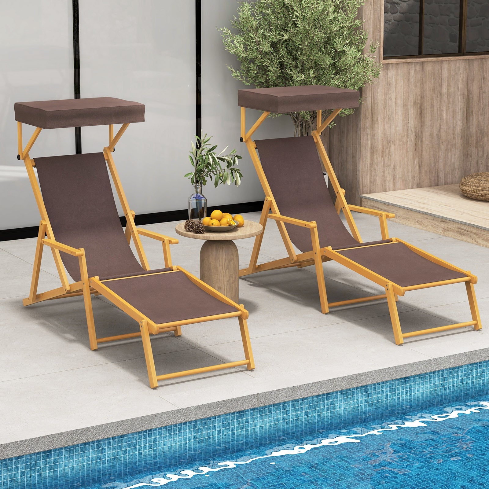 Birch Wood Chaise Lounge Chair Foldable Beach Chair with Adjustable Canopy, Brown Outdoor Chaise Lounges at Gallery Canada