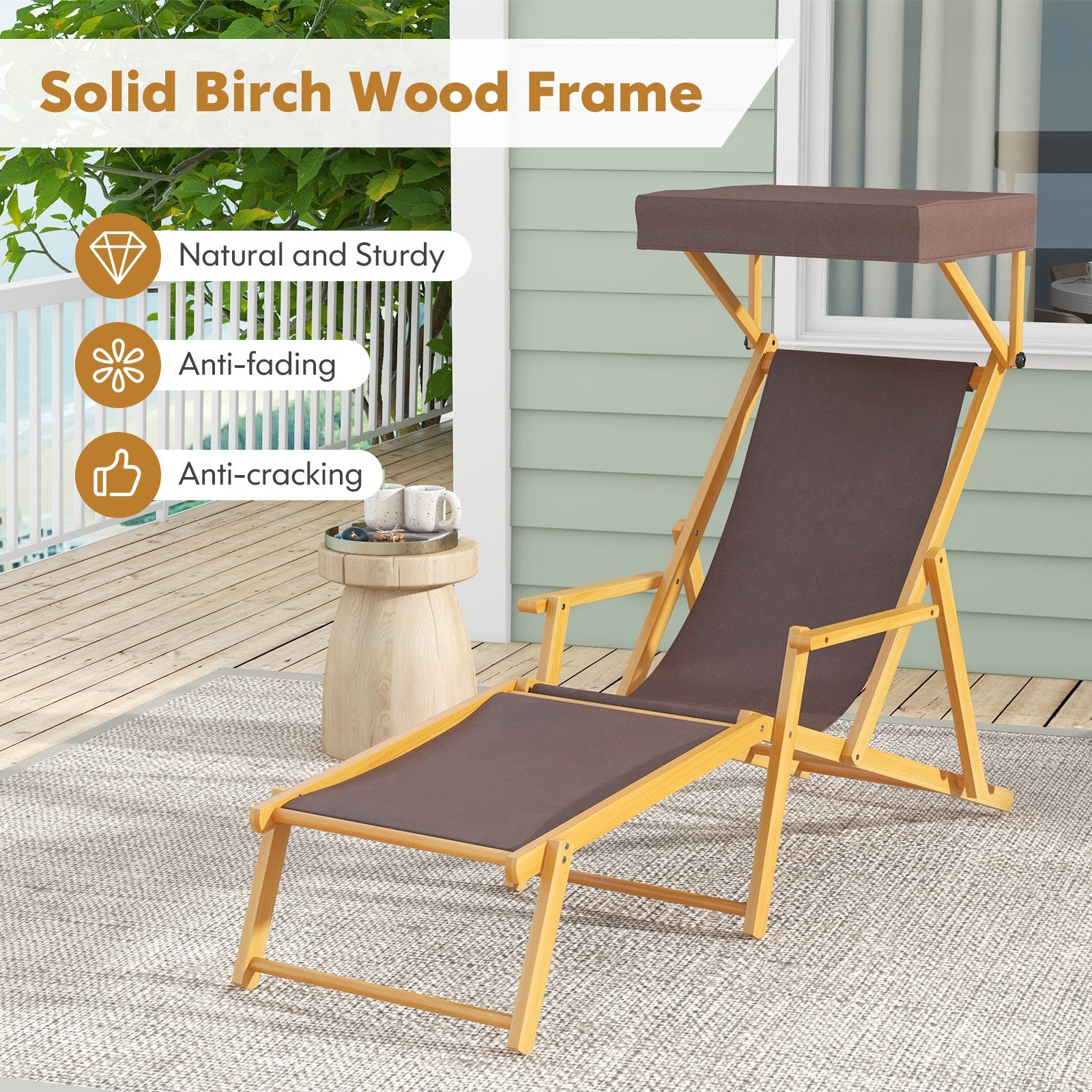 Birch Wood Chaise Lounge Chair Foldable Beach Chair with Adjustable Canopy, Brown Outdoor Chaise Lounges at Gallery Canada