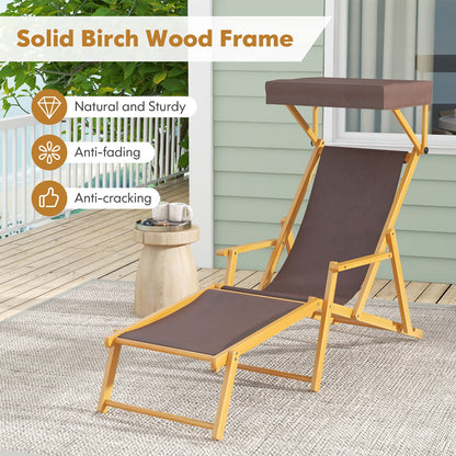 Birch Wood Chaise Lounge Chair Foldable Beach Chair with Adjustable Canopy, Brown Outdoor Chaise Lounges at Gallery Canada