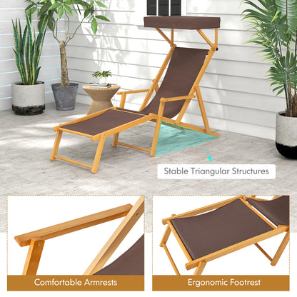 Birch Wood Chaise Lounge Chair Foldable Beach Chair with Adjustable Canopy, Brown Outdoor Chaise Lounges at Gallery Canada