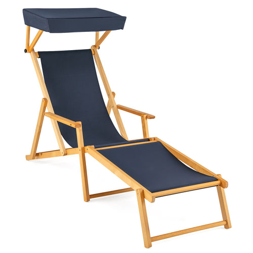 Birch Wood Chaise Lounge Chair, Foldable, Adjustable Canopy, Navy