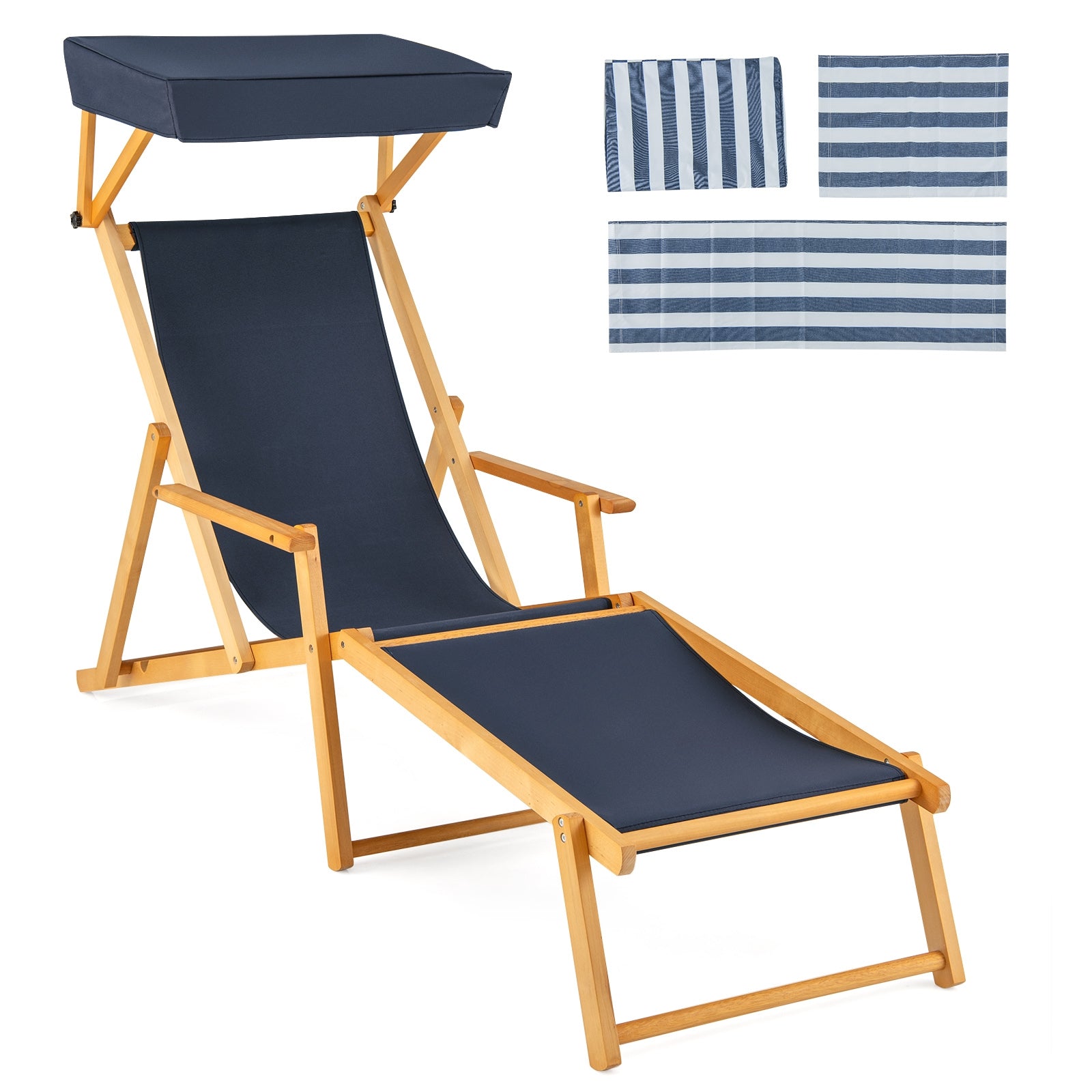 Birch Wood Chaise Lounge Chair Foldable Beach Chair with Adjustable Canopy, Navy Outdoor Chaise Lounges at Gallery Canada