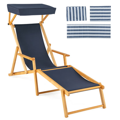 Birch Wood Chaise Lounge Chair Foldable Beach Chair with Adjustable Canopy, Navy Outdoor Chaise Lounges at Gallery Canada