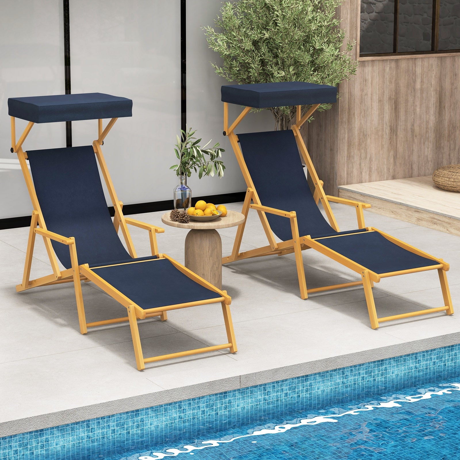 Birch Wood Chaise Lounge Chair Foldable Beach Chair with Adjustable Canopy, Navy Outdoor Chaise Lounges at Gallery Canada