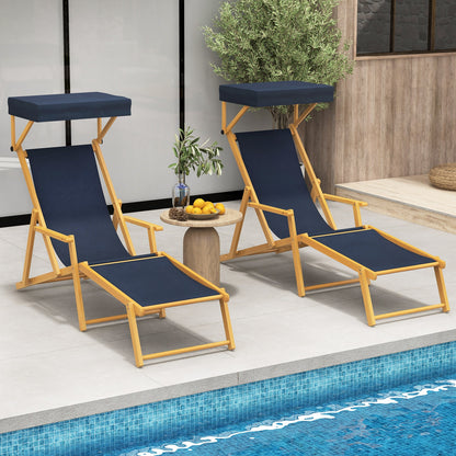 Birch Wood Chaise Lounge Chair Foldable Beach Chair with Adjustable Canopy, Navy Outdoor Chaise Lounges at Gallery Canada