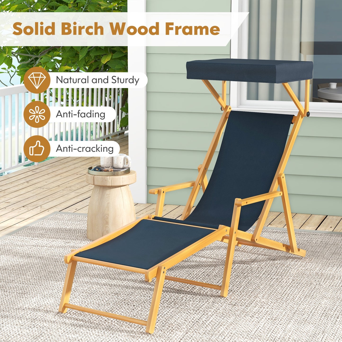 Birch Wood Chaise Lounge Chair Foldable Beach Chair with Adjustable Canopy, Navy Outdoor Chaise Lounges at Gallery Canada