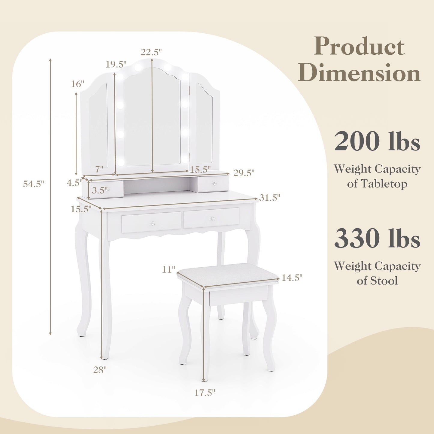 Makeup Vanity Table With Lighted Mirror, Drawers, White Makeup Vanities at Gallery Canada