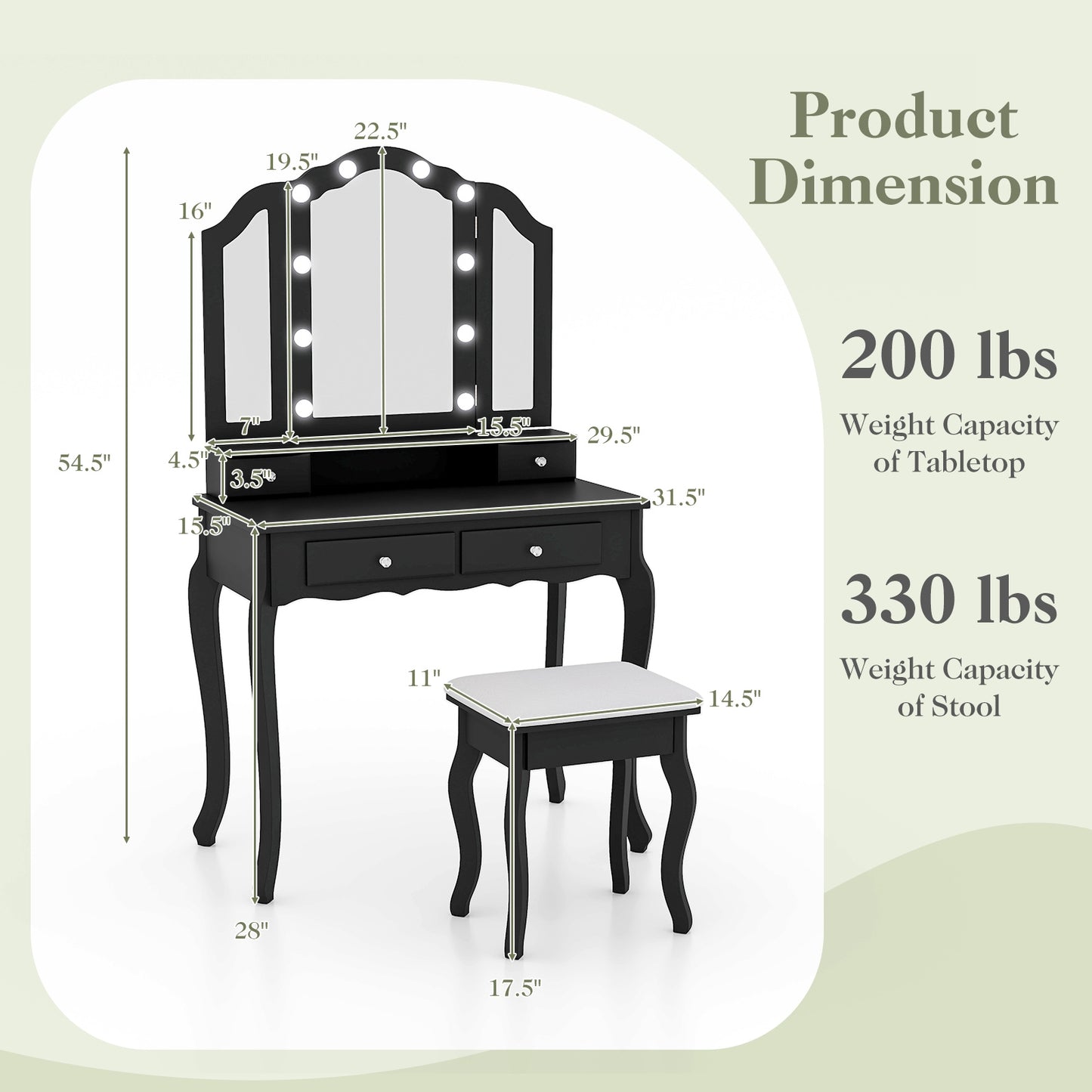 Makeup Vanity Table Set With Lighted Mirror, Drawers, Black Makeup Vanities at Gallery Canada