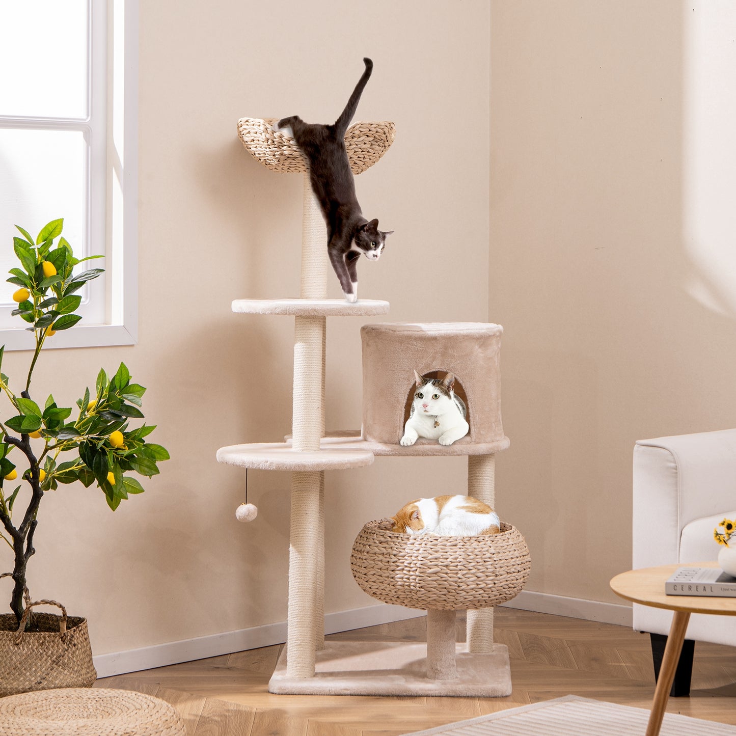 59 Inches Cattail Cat Tower with Sisal Scratching Posts and Soft Hammock, Beige Cat Trees Condos & Scratchers at Gallery Canada
