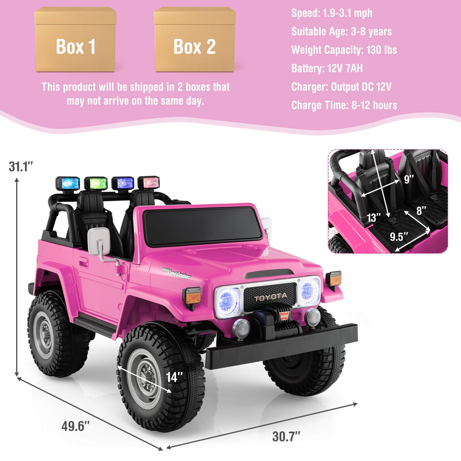 12V 2-Seat Licensed Kids Ride On Toyota FJ40 Car with 2.4G Remote Control, Pink Powered Ride On Toys at Gallery Canada