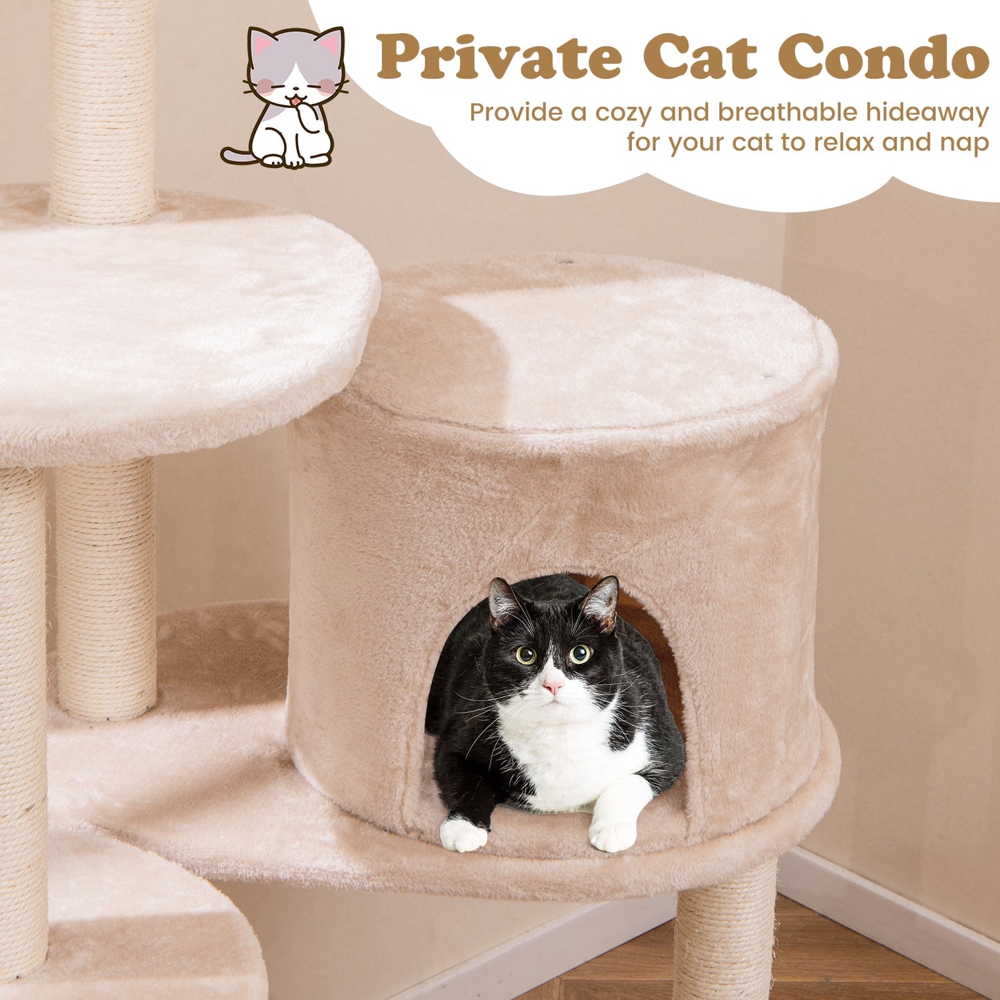 59 Inches Cattail Cat Tower with Sisal Scratching Posts and Soft Hammock, Beige Cat Trees Condos & Scratchers at Gallery Canada