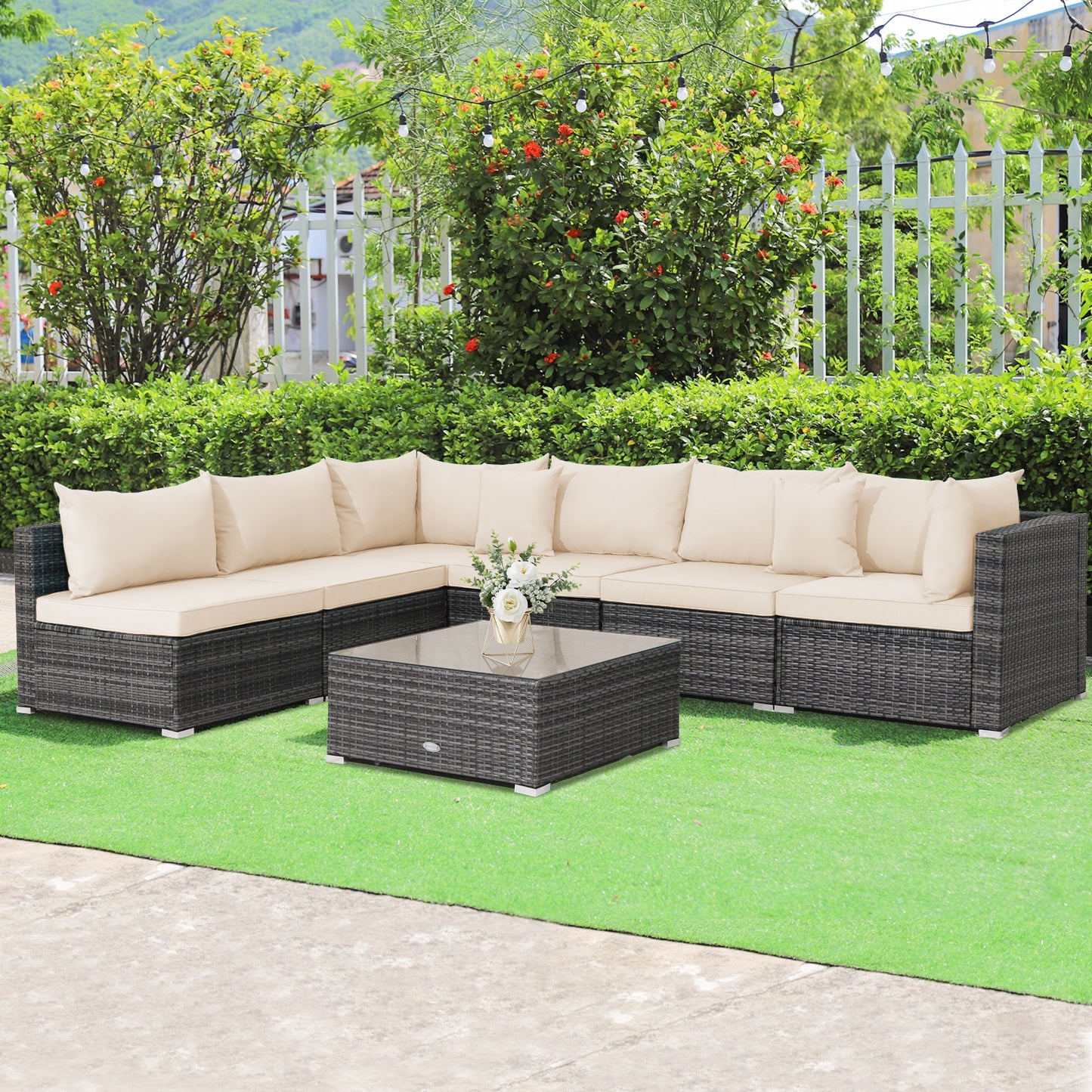 7 Pieces Patio Rattan Furniture Set with Sectional Sofa Cushioned, Beige Outdoor Sectionals at Gallery Canada