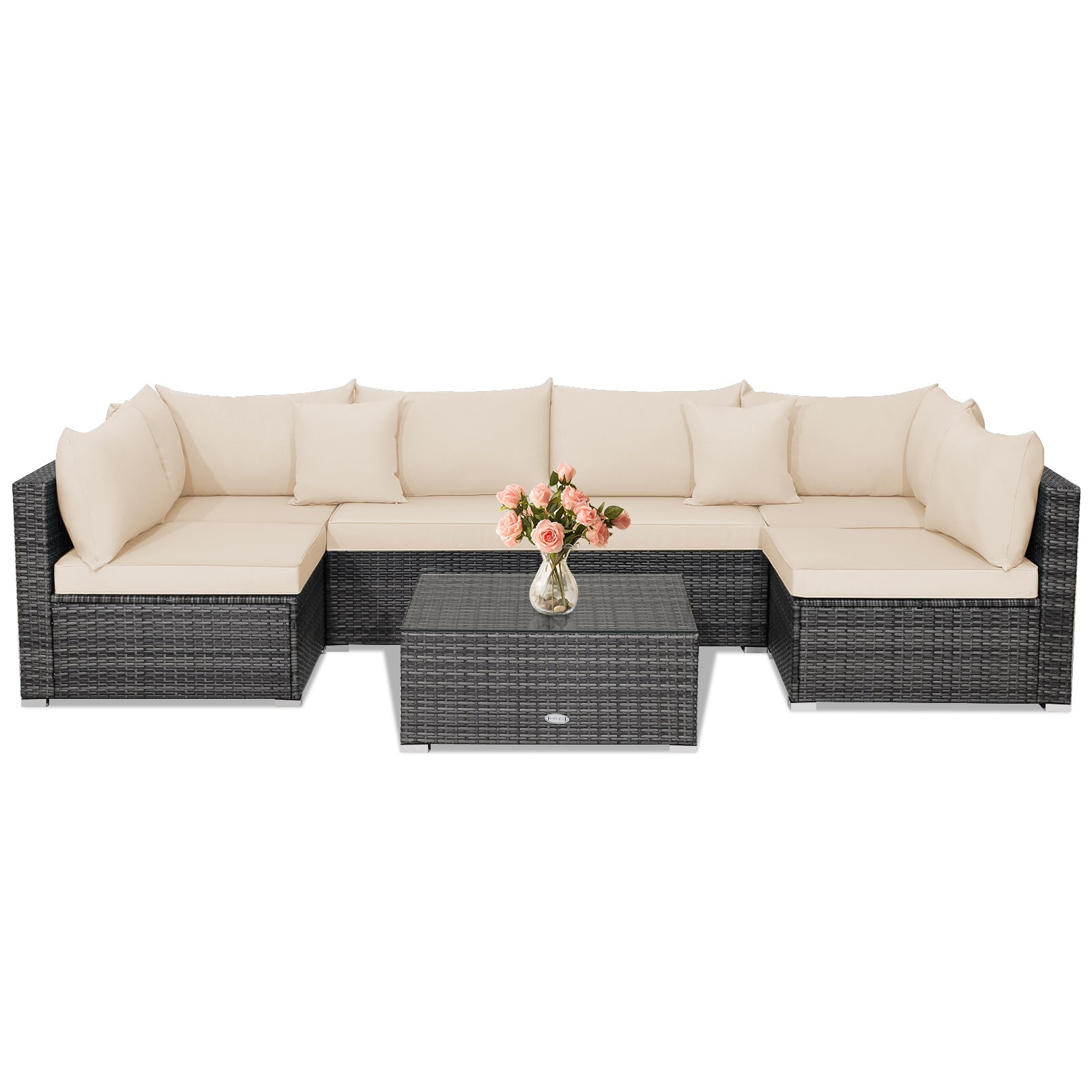 7 Pieces Patio Rattan Furniture Set with Sectional Sofa Cushioned, Beige Outdoor Sectionals at Gallery Canada