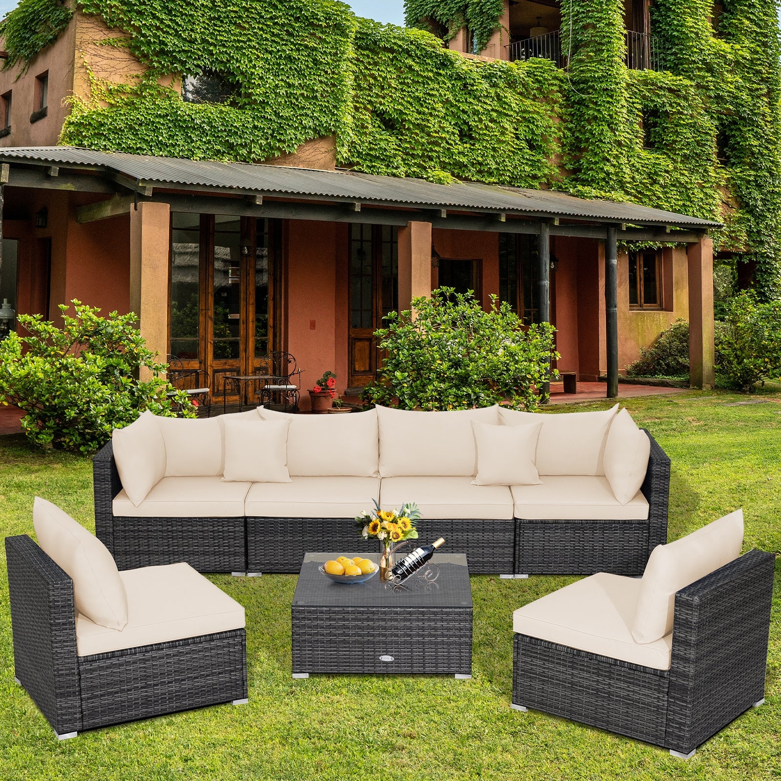 7 Pieces Patio Rattan Furniture Set with Sectional Sofa Cushioned, Beige Outdoor Sectionals at Gallery Canada