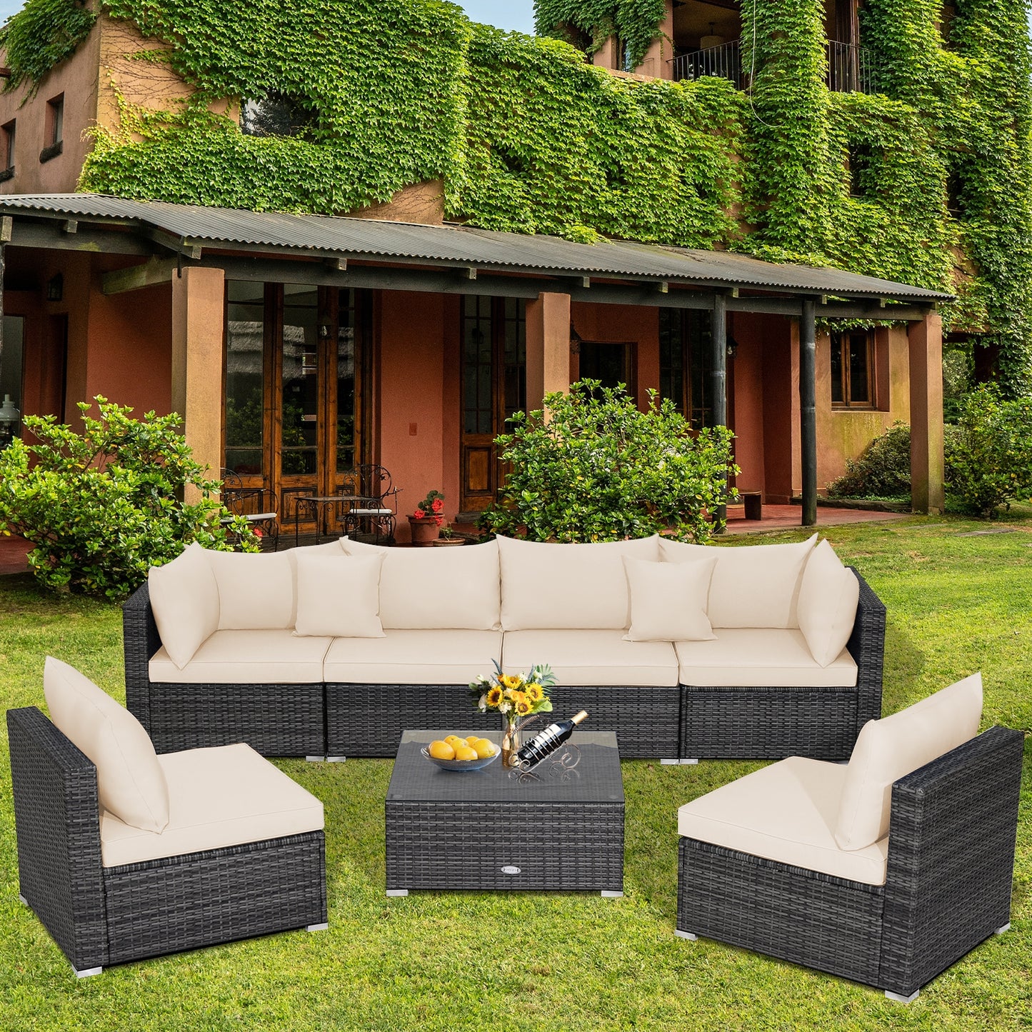 7 Pieces Patio Rattan Furniture Set with Sectional Sofa Cushioned, Beige Outdoor Sectionals at Gallery Canada