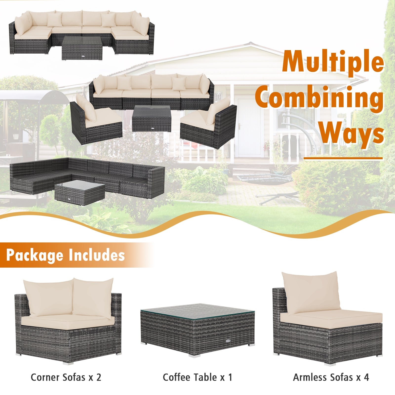 7 Pieces Patio Rattan Furniture Set with Sectional Sofa Cushioned, Beige Outdoor Sectionals at Gallery Canada