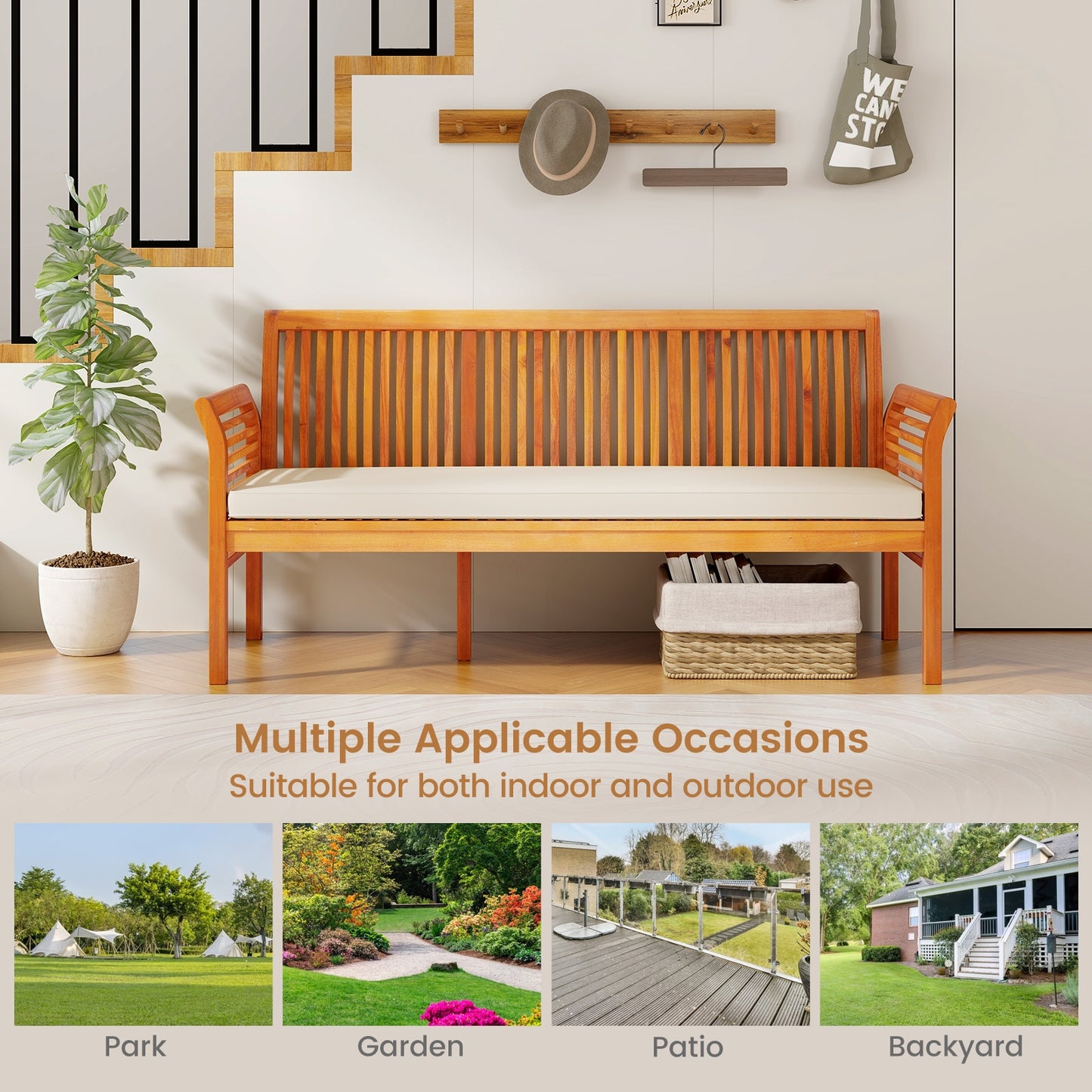 62.5 Inches Patio 3-Seat Wood Bench with Soft Seat Cushions, White Beach & Lawn Chairs at Gallery Canada