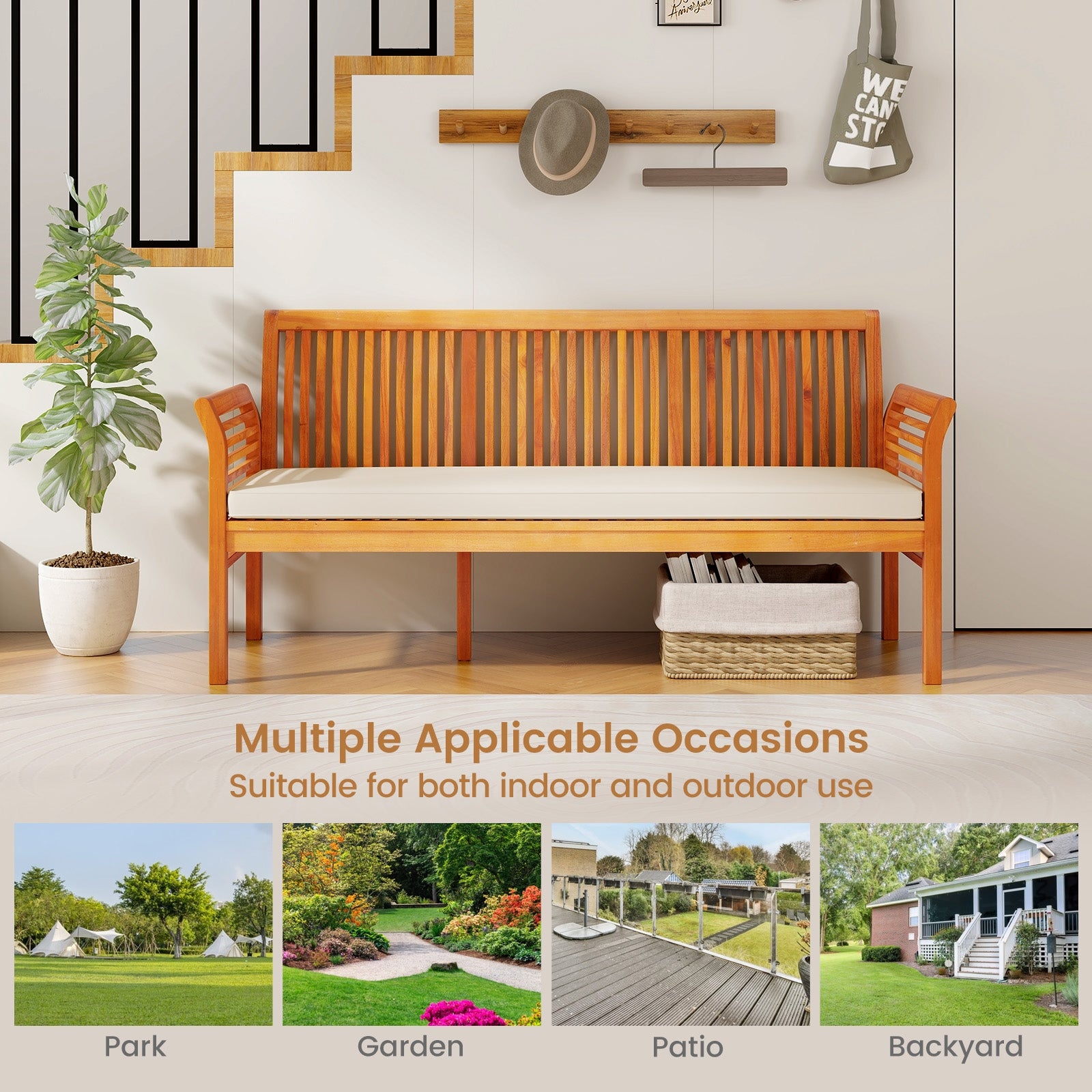 62.5 Inches Patio 3-Seat Wood Bench with Soft Seat Cushions, White Beach & Lawn Chairs at Gallery Canada