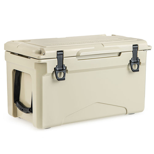 Rotomolded Cooler with Integrated Cup Holders and Bottle Opener, Tan