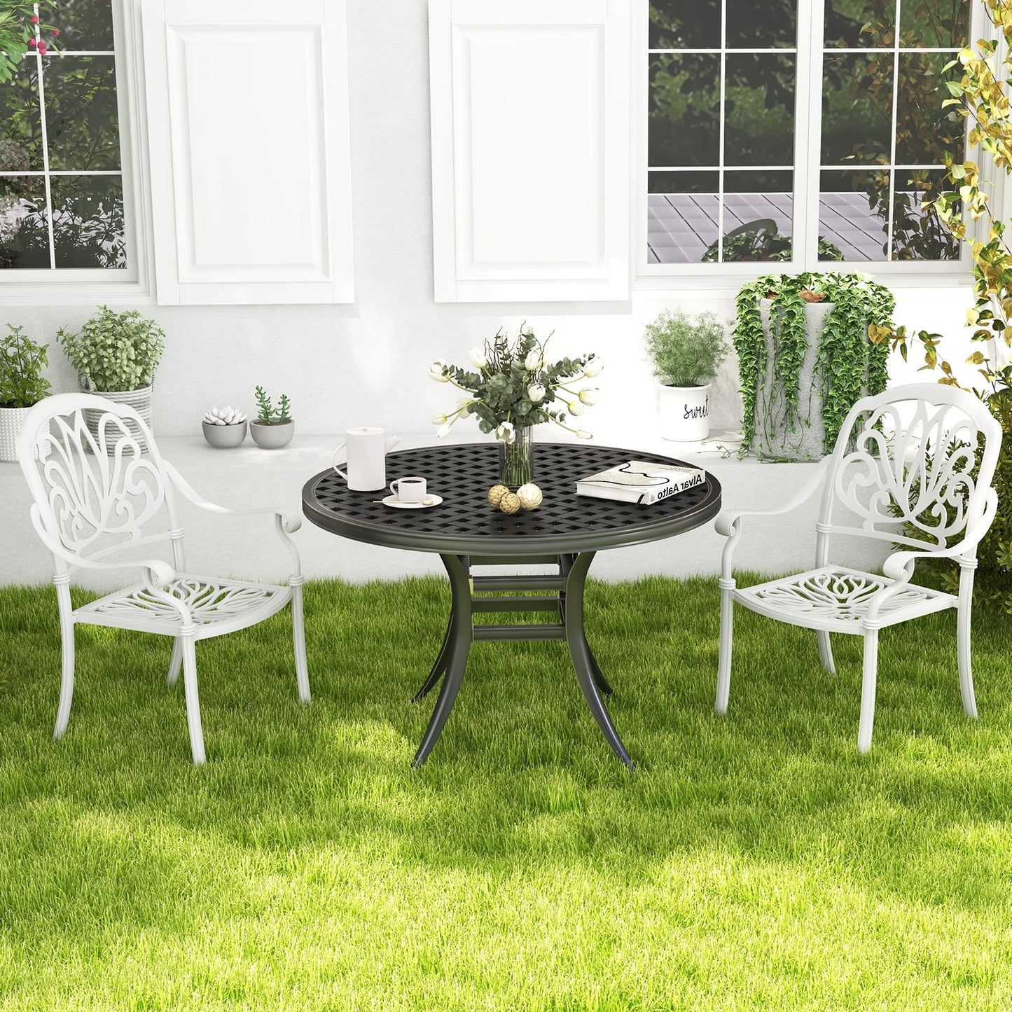 Chaises de salle à manger en aluminium coulé pour patio, 2 pièces, avec accoudoirs, blanches