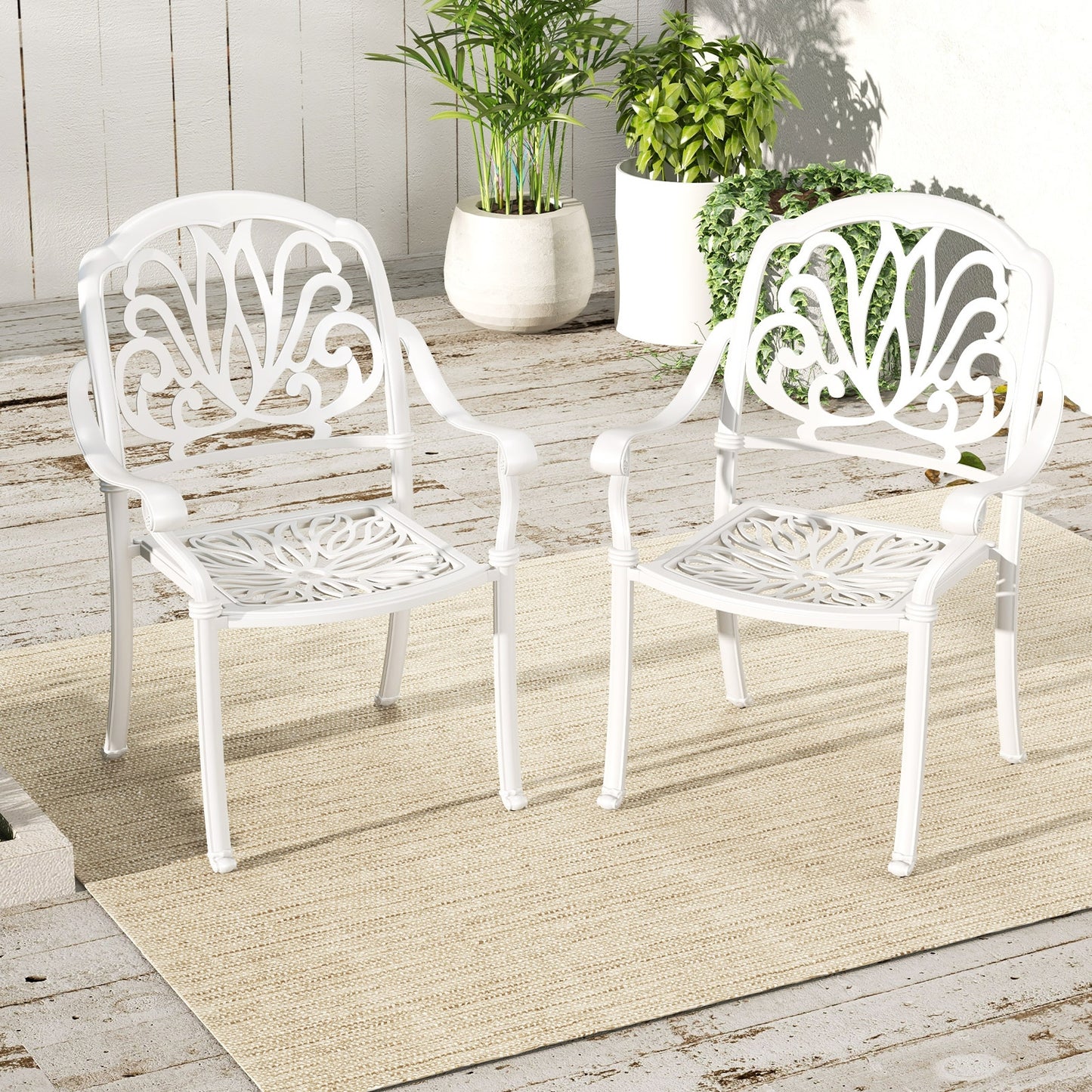 Chaises de salle à manger en aluminium coulé pour patio, 2 pièces, avec accoudoirs, blanches