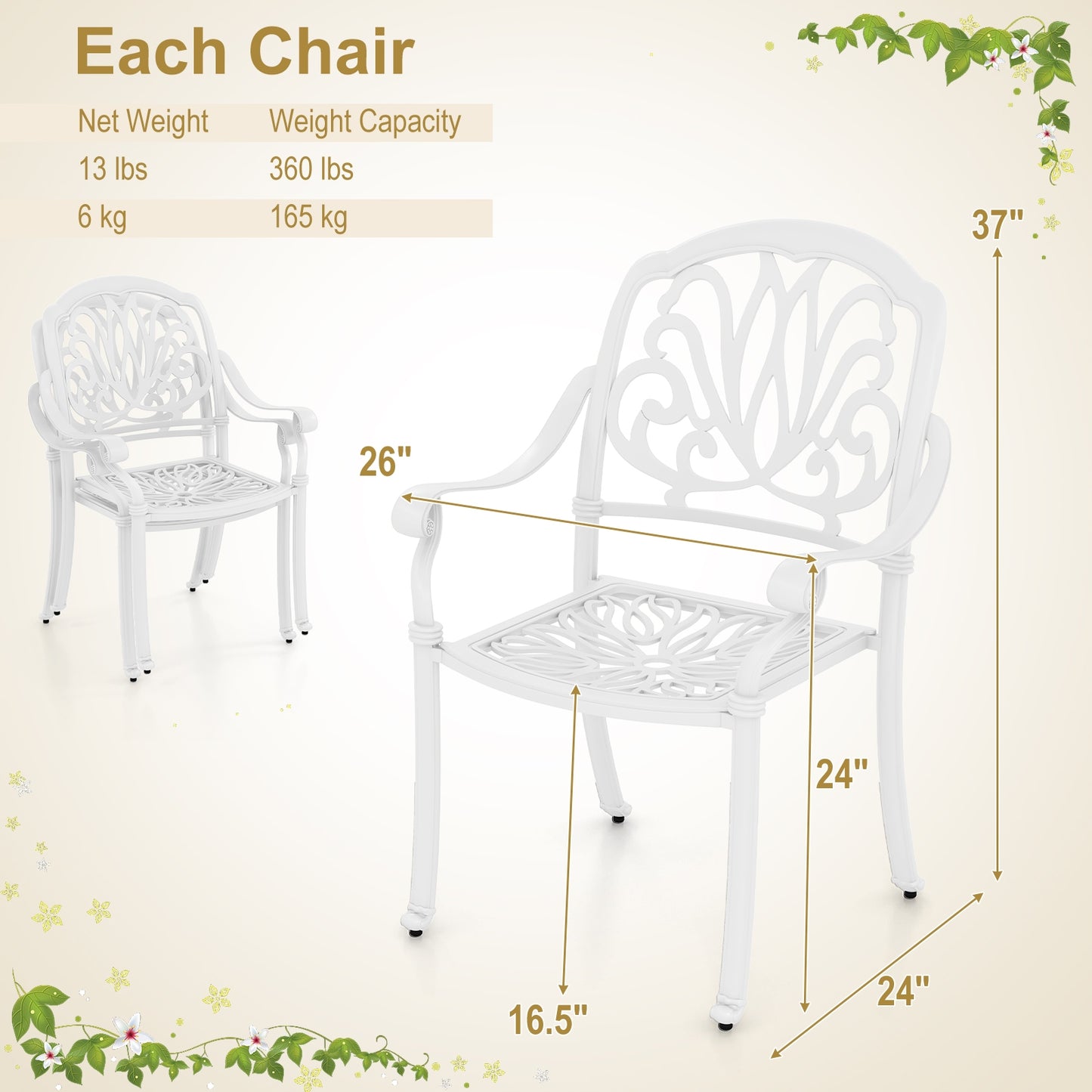 Chaises de salle à manger en aluminium coulé pour patio, 2 pièces, avec accoudoirs, blanches