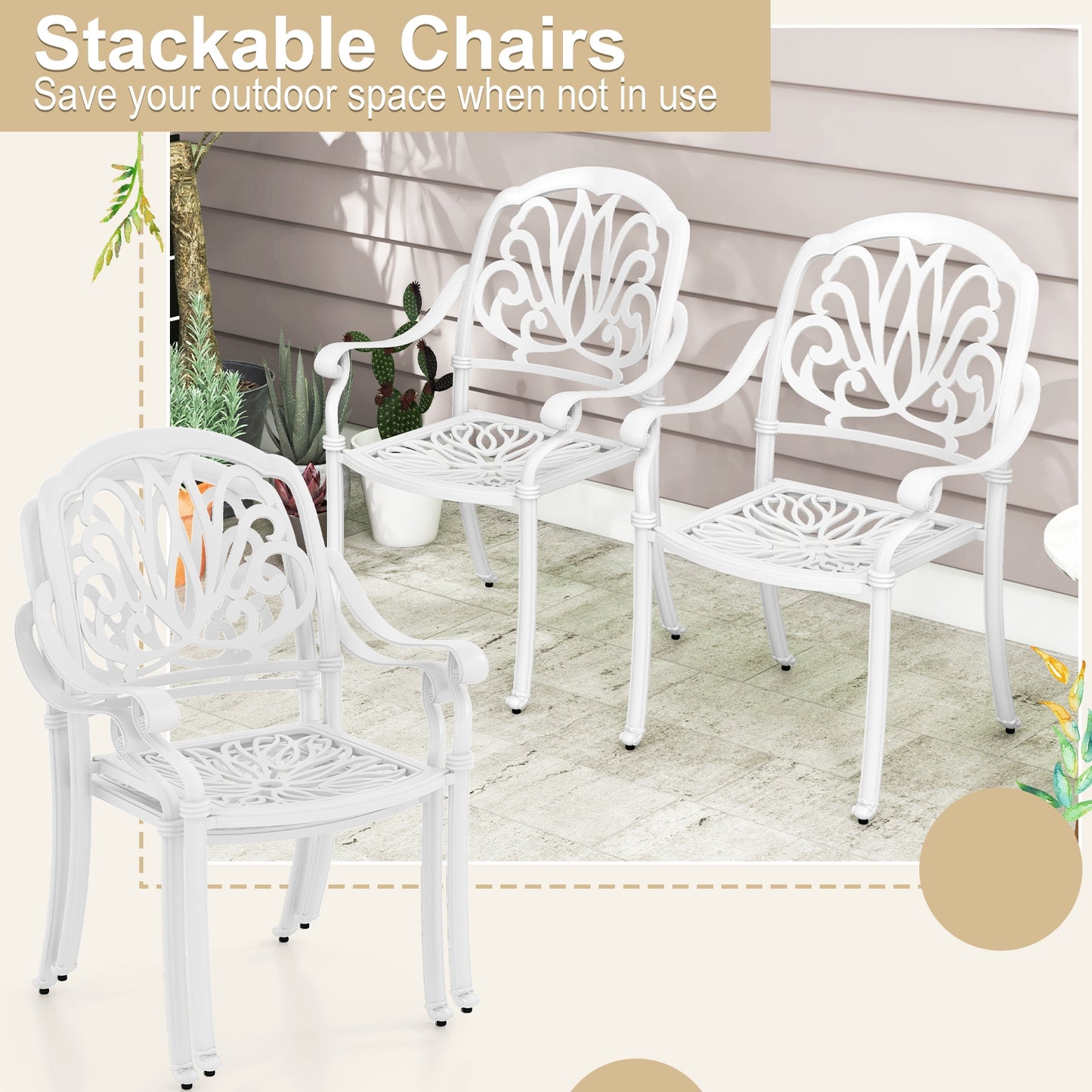 Chaises de salle à manger en aluminium coulé pour patio, 2 pièces, avec accoudoirs, blanches