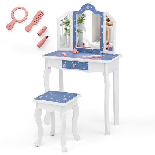 Pretend Play Makeup Table And Stool Set, Tri-Folding Mirror, Blue