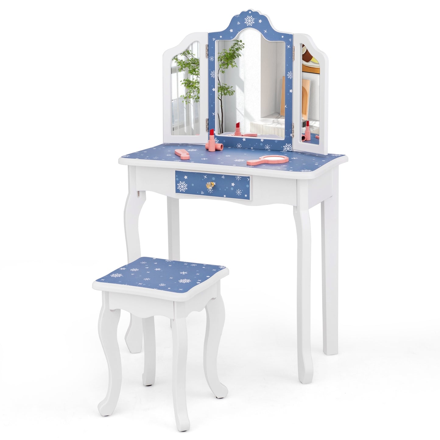 Princess Pretend Play Makeup Table and Stool Set with Tri-folding Mirror, Blue Kids Vanities at Gallery Canada