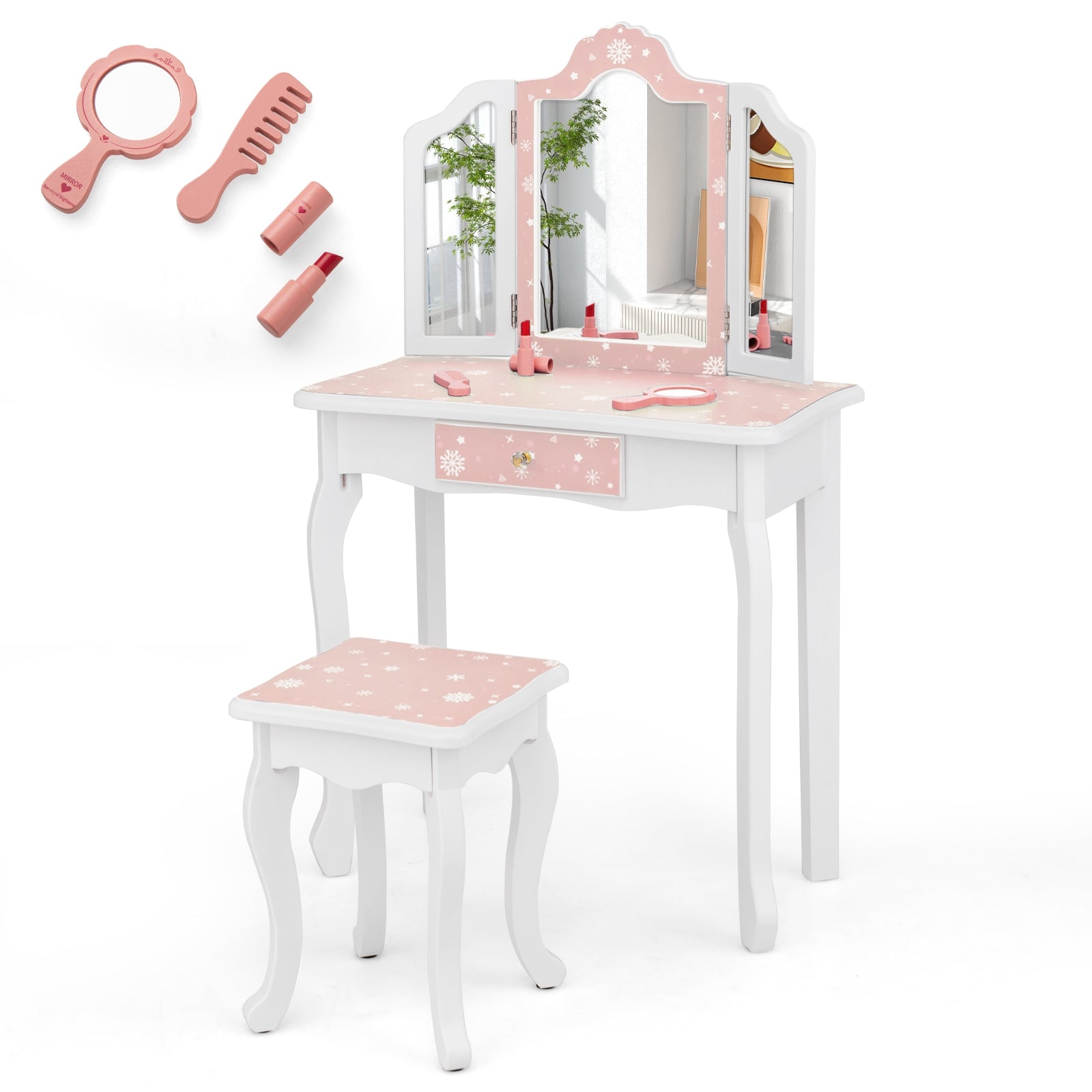 Princess Pretend Play Makeup Table and Stool Set with Tri-folding Mirror, Pink Kids Vanities Pink at Gallery Canada