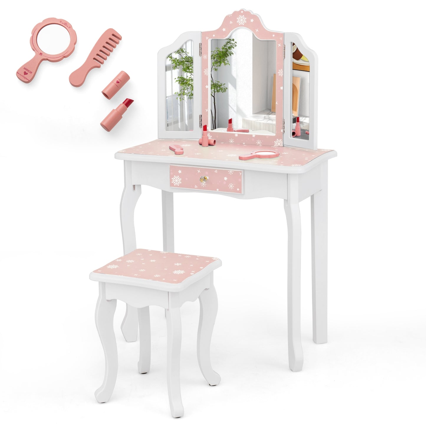 Princess Pretend Play Makeup Table and Stool Set with Tri-folding Mirror, Pink Kids Vanities at Gallery Canada