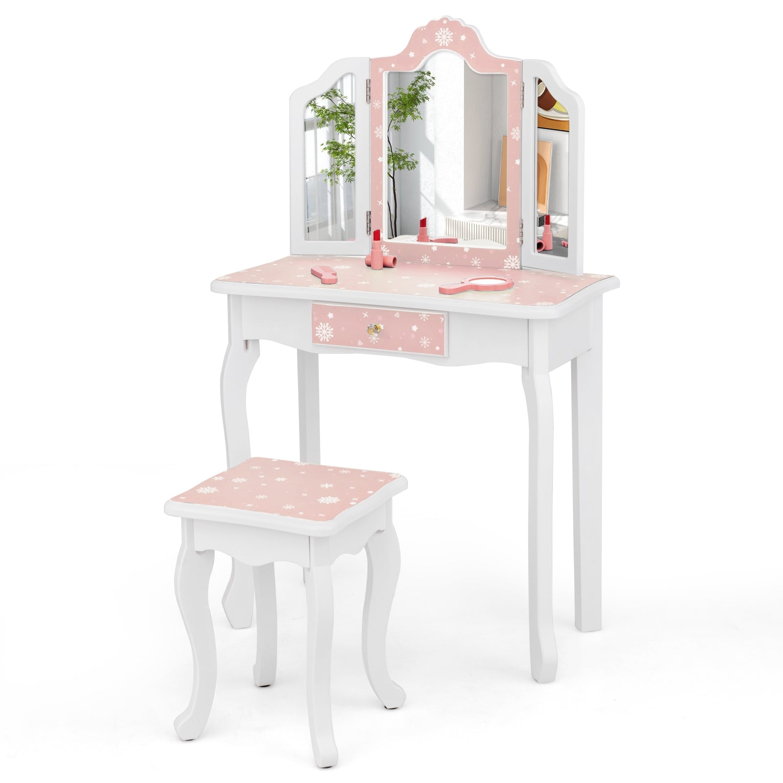 Princess Pretend Play Makeup Table and Stool Set with Tri-folding Mirror, Pink Kids Vanities at Gallery Canada